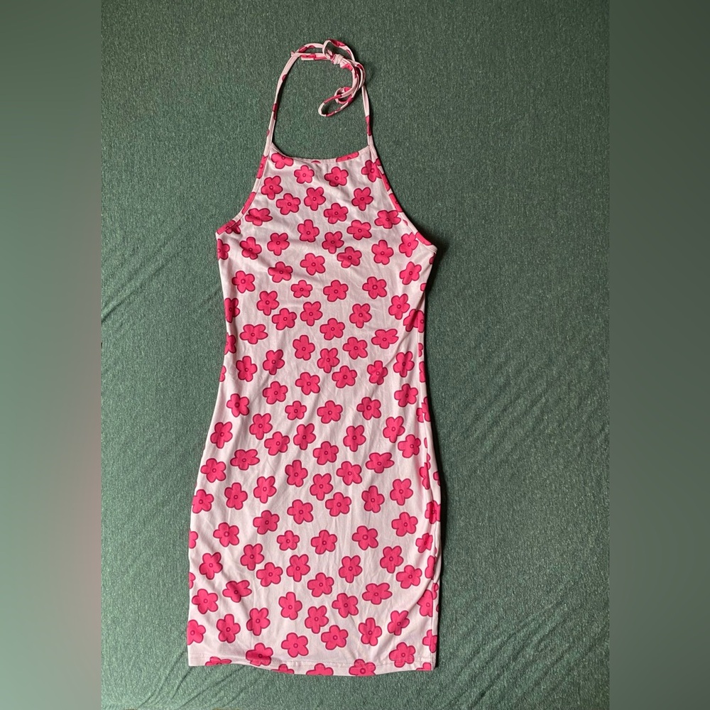 Shein pink floral halter dress